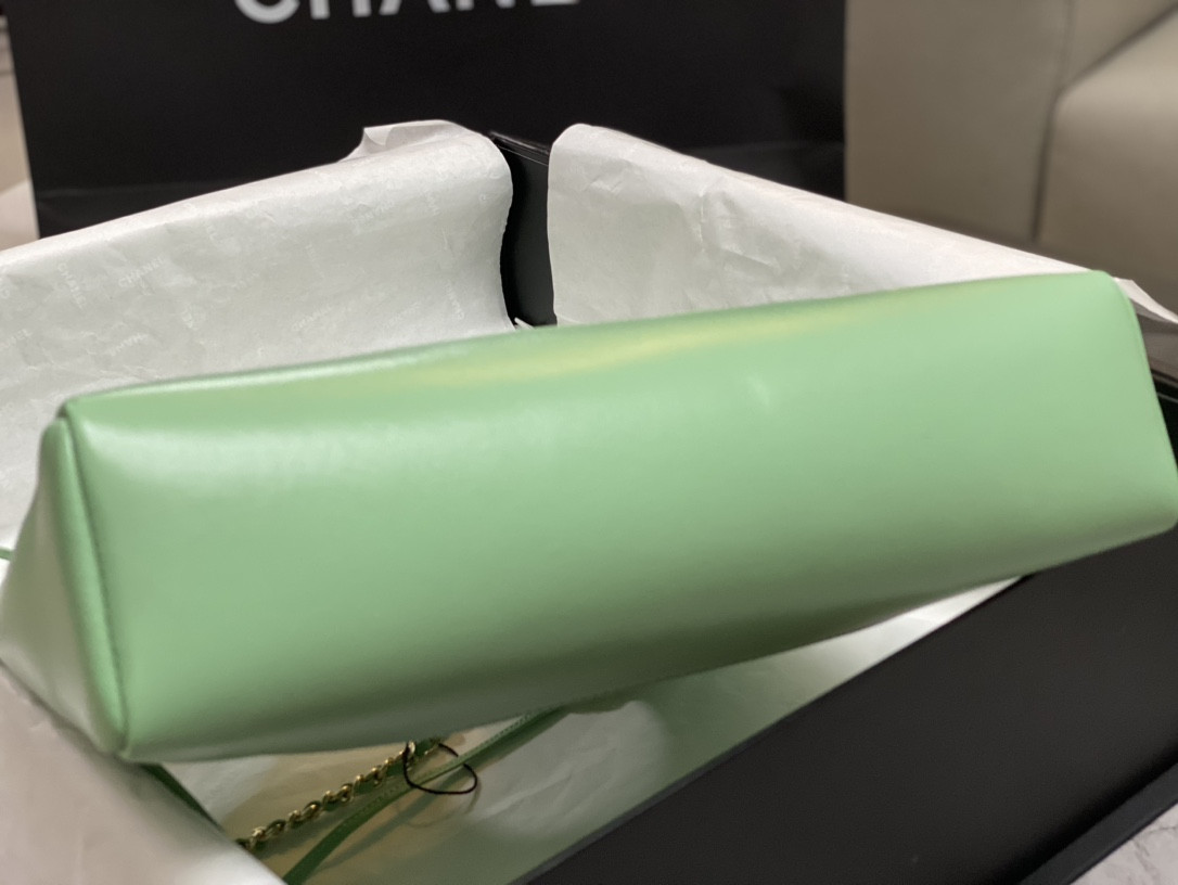 Ch*el shopping bag shiny lambskin & gold-tone metal light green 11.7 × 11.3 × 3.5 in